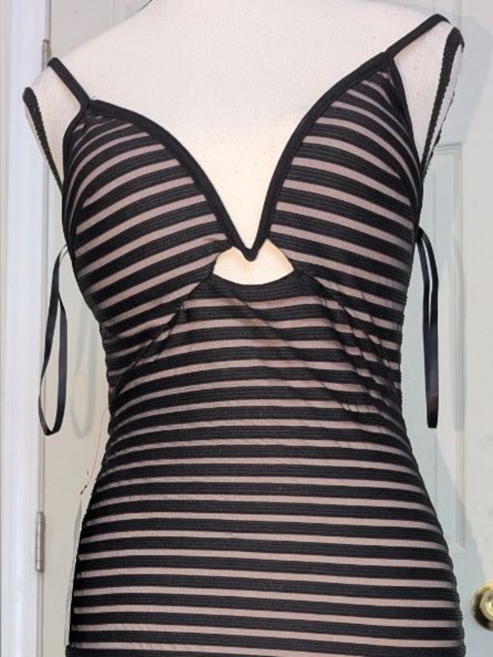 Bebe black nude Striped plunge sexy dress NWT
